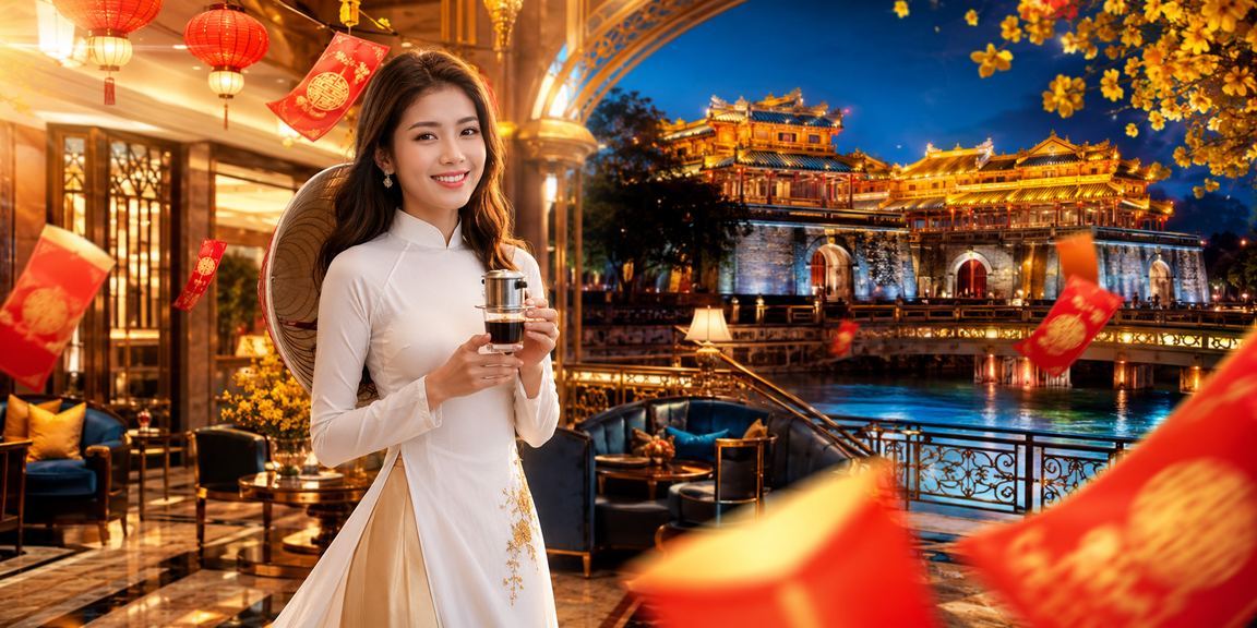 Không khí lễ hội Huế với bao lì xì đỏ và người dùng tham gia giải trí trực tuyến